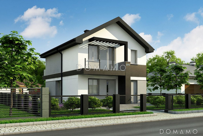 Проект дома с небольшой комнатой на первом этаже, кухней с окном, террасой, балконами