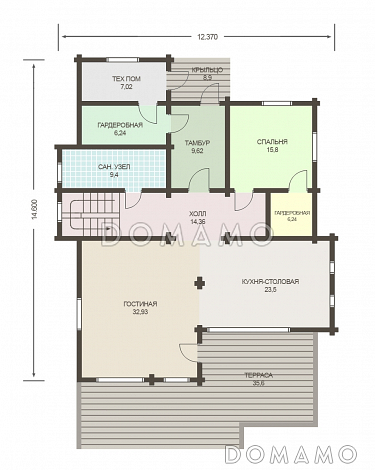 Проект деревянного дома из клееного бруса с просторным балконом на втором этаже / План 1 этажа