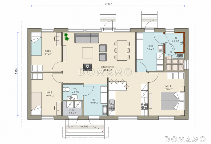 Проект современного каркасного дома с большими окнами / План 1 этажа