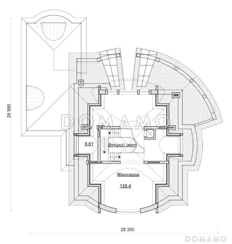 Проект коттеджа с бассейном и стеклянным куполом / План мансардного этажа