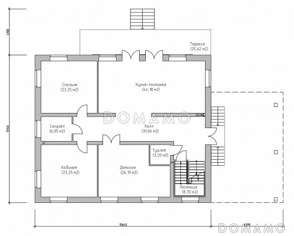 Проект большого современного дома с цокольным этажом и навесом для двух автомобилей / План 1 этажа