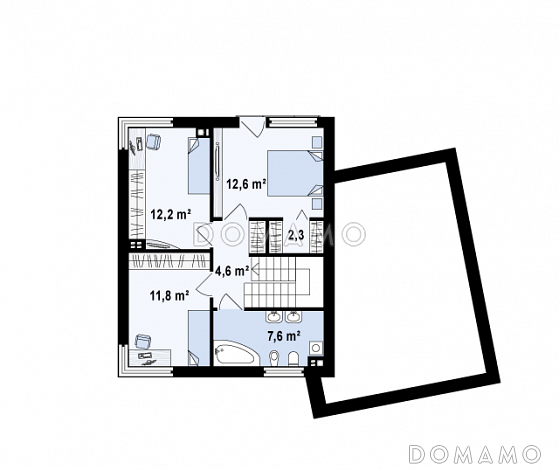 Проект двухэтажного дома из кирпича в стиле кубизм со спальной зоной на втором этаже и с гаражом / План 2 этажа