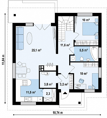 Проект одноэтажного дома из газобетона с двумя спальнями и крытой террасой с жилой мансардой / План 1 этажа