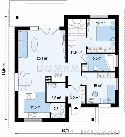 Проект одноэтажного дома из газобетона с двумя спальнями и крытой террасой с жилой мансардой / План 1 этажа