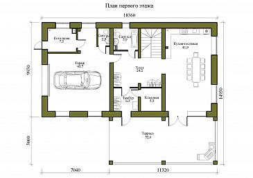 Проект двухэтажного дома с гаражем, тремя спальнями и просторной крытой террасой / План 1 этажа
