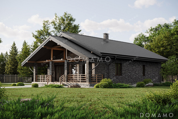 Проект выразительного одноэтажного дома с двухскатной крышей в разных уровнях, большой террасой и вторым светом