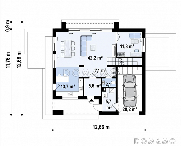 Проект дома с мансардным этажом, гаражом, кабинетом и просторной гостиной / План 1 этажа