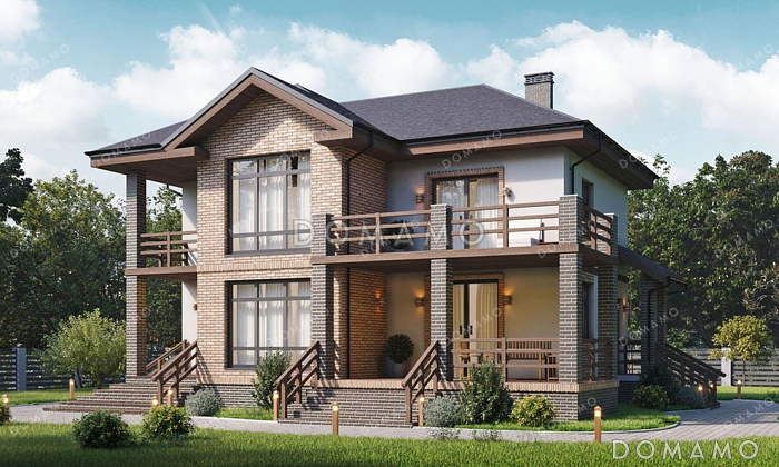 Проект двухэтажного дома с террасой и тремя спальнями