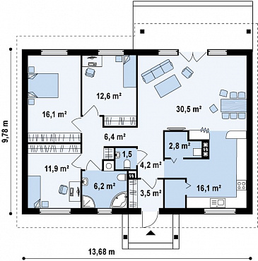 Проект классического одноэтажного дома из кирпича с отделённой спальной зоной / План 1 этажа