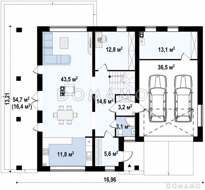 Проект современного двухэтажного дома из газобетона с четырьмя спальнями, кабинетом и гаражом / План 1 этажа