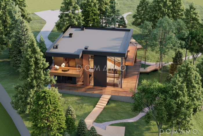 Проект двухэтажного каркасного дома в стиле хай-тек с масштабным остеклением, вторым светом и спортзалом