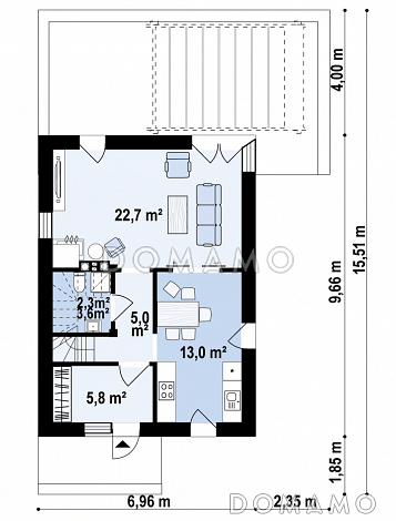 Проект двухэтажного дома с террасой, кухней-столовой, тремя спальнями / План 1 этажа