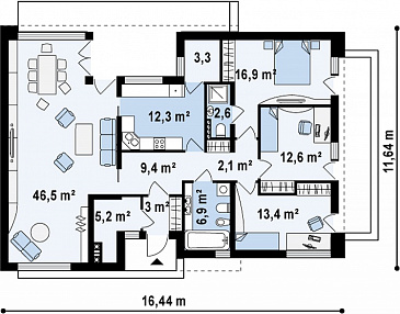 Проект современного одноэтажного дома с плоской крышей из газобетона с тремя спальнями и просторной гостиной с высокими потолками  / План 1 этажа
