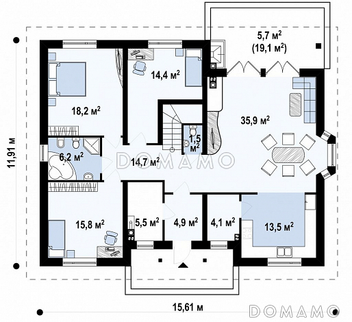 Проект одноэтажного дома из газобетона с мансардой и зоной барбекю на террасе  / План 1 этажа