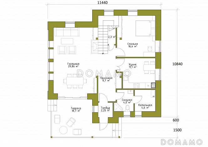 Проект коттеджа из SIP панелей с двусветной гостиной и террасой. / План 1 этажа