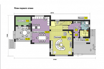 Проект дома с панорамными окнами, просторной гостиной и кухней-столовой, сауной, кабинетом на мансардном этаже, балконом и лоджией / План 1 этажа