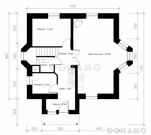 Проект экономичного коттеджа с остеклённым балконом. / План 1 этажа