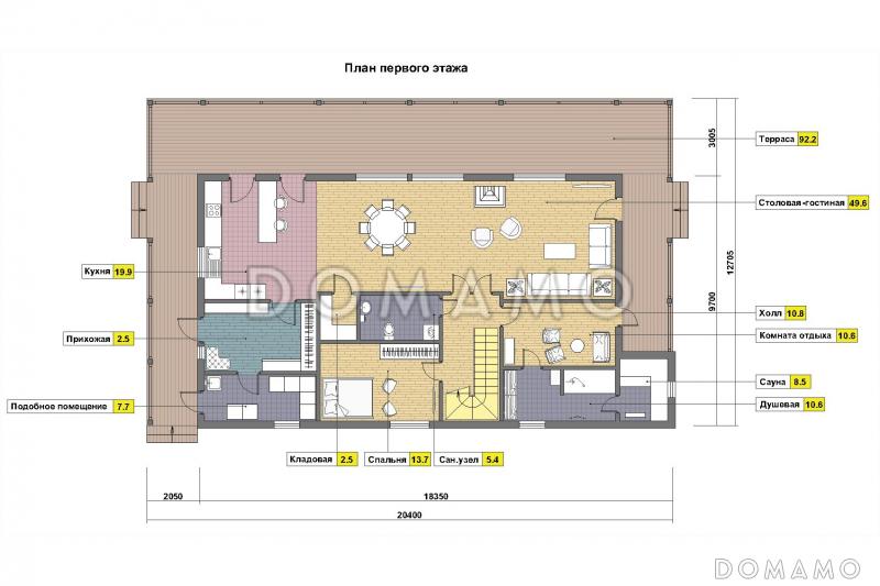 Проект кирпичного дома в стиле шале / План 1 этажа